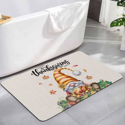 Thanksgiving Turkey Day Bath Mat for Tub,Non Slip Bathroom Floor Runner Rug Quick Dry & Absorbent Diatomaceous Earth Kitchen Shower Sink Washable Doormat,Fall Gnomes Harvest Acorn Sunflower 18"x30"