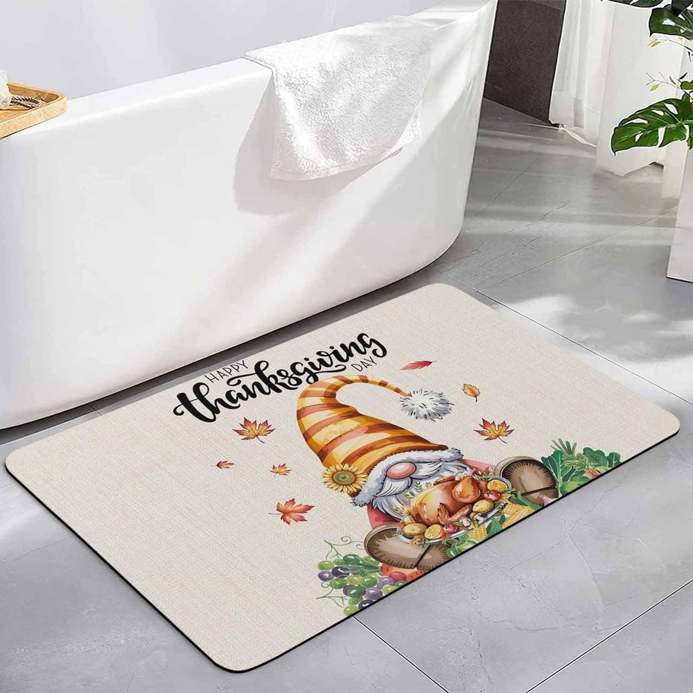 Thanksgiving Turkey Day Bath Mat for Tub,Non Slip Bathroom Floor Runner Rug Quick Dry & Absorbent Diatomaceous Earth Kitchen Shower Sink Washable Doormat,Fall Gnomes Harvest Acorn Sunflower 18"x30"