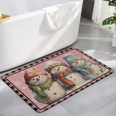 Christmas Blush Pink Bath Mat for Tub,Non Slip Bathroom Floor Runner Rug Quick Dry & Absorbent Diatomaceous Earth Shower Sink Kitchen Living Room Washable Doormat,Snowflake Snowman Lattice 24"x36"