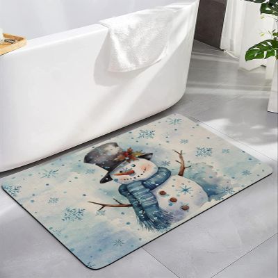 Watercolor Snowman Bath Mat for Tub,Non Slip Bathroom Floor Runner Rug Quick Dry & Absorbent Diatomaceous Earth Kitchen Room Shower Sink Washable Doormat,Winter Christmas Snowflake Rustic Blue 16"x24"