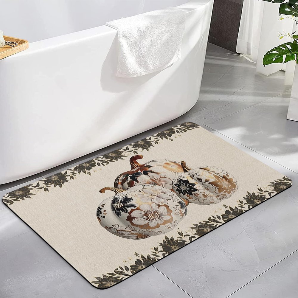 Farmhouse Thanksgiving Bath Mat for Tub,Non Slip Bathroom Floor Runner Rug Quick Dry & Absorbent Diatomaceous Earth Kitchen Room Shower Sink Washable Doormat,European Pumpkins Gold Floral Leaf 16"x24"