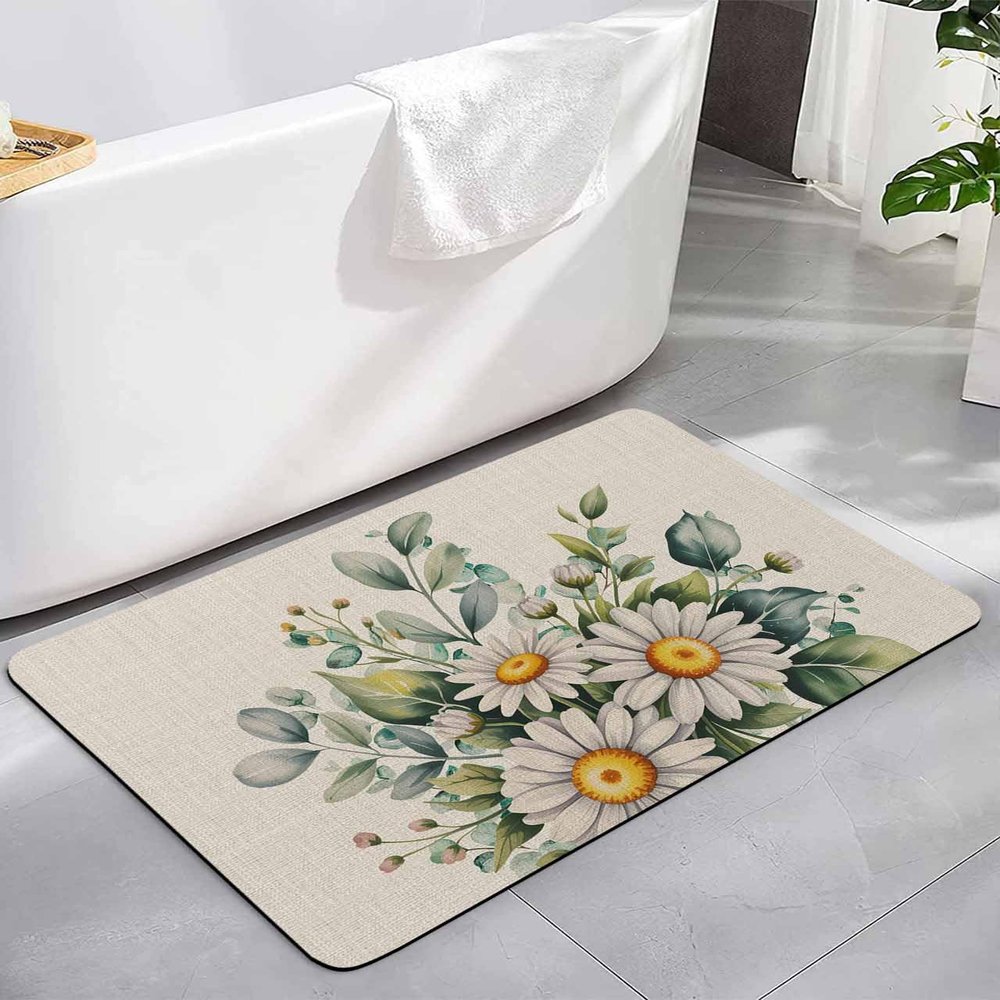 Daisy Eucalyptus Bath Mat for Tub,Non Slip Bathroom Floor Runner Rug Quick Dry & Absorbent Diatomaceous Earth Kitchen Room Shower Sink Washable Doormat,Green Leaves Botanical Plant Floral 24"x36"