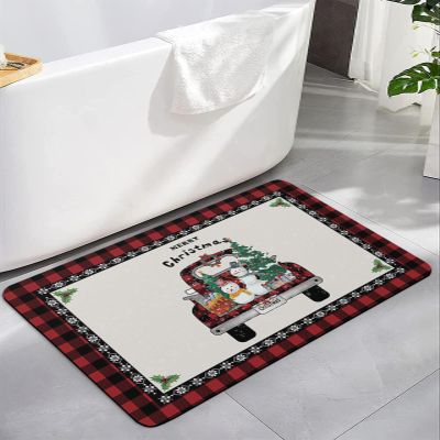 Diatomaceous Earth Bath Rug Bathtub Mat, Christmas Truck Christmas Tree Snowman Red Buffalo Plaid Quick Dry Non-Slip Diatomite Mud Bathroom Floor Rugs for Bath Tub Kitchen Absorbent Pad, 18x30 Inch