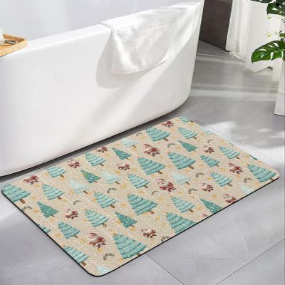 Christmas Bath Mat for Tub,Non Slip Bathroom Floor Runner Rug Quick Dry & Absorbent Diatomaceous Earth Shower Sink Kitchen Living Room Washable Doormat,Cartoon Santa Teal Rustic Xmas Tree 18"x30"