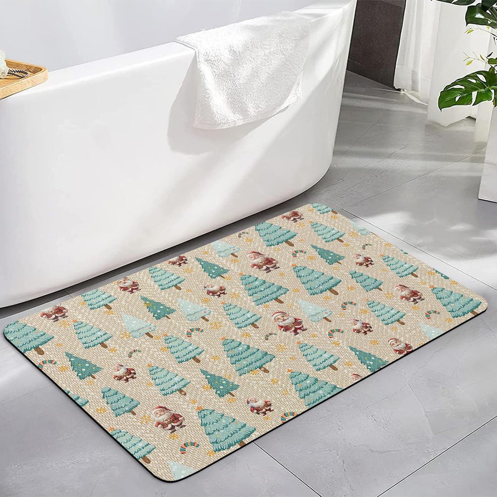 Christmas Bath Mat for Tub,Non Slip Bathroom Floor Runner Rug Quick Dry & Absorbent Diatomaceous Earth Shower Sink Kitchen Living Room Washable Doormat,Cartoon Santa Teal Rustic Xmas Tree 18"x30"