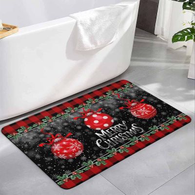 Xmas Boho Ball Bath Mat for Tub,Non Slip Bathroom Floor Runner Rug Quick Dry & Absorbent Diatomaceous Earth Kitchen Shower Sink Washable Doormat,Christmas Black Winter Snowflake Checkered Red 20"x32"