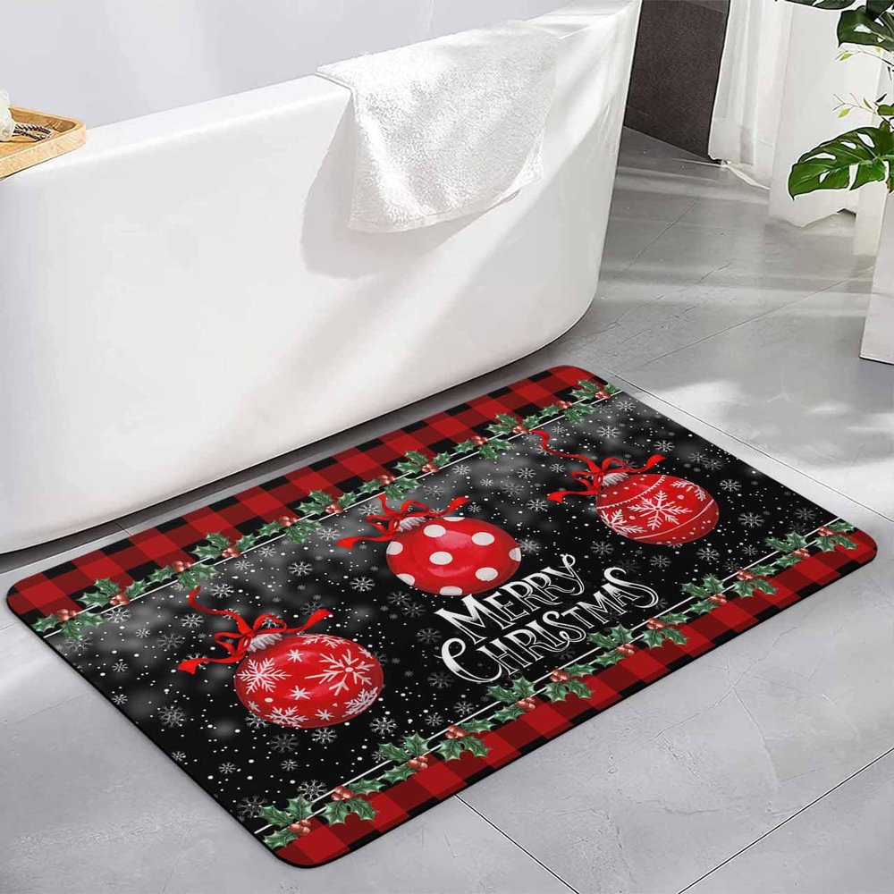 Xmas Boho Ball Bath Mat for Tub,Non Slip Bathroom Floor Runner Rug Quick Dry & Absorbent Diatomaceous Earth Kitchen Shower Sink Washable Doormat,Christmas Black Winter Snowflake Checkered Red 20"x32"