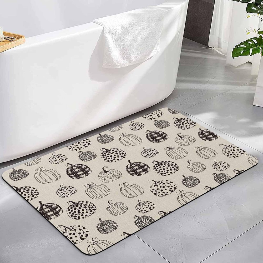 Boho Black Pumpkins Bath Mat for Tub,Non Slip Bathroom Floor Runner Rug Quick Dry & Absorbent Diatomaceous Earth Kitchen Room Shower Sink Washable Doormat,Thanksgiving Harvest Fall Geometric 16"x24"