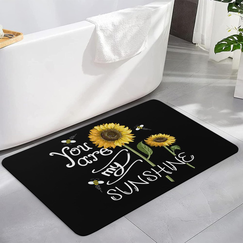 Diatomaceous Earth Bath Rug Bathtub Mat, YOU ARE MY SUNSHINE Sunflower Bee, Rural Style Black Quick Dry Non-Slip Diatomite Mud Bathroom Floor Rugs for Bath Tub Kitchen Absorbent Pad, 24x36 Inch