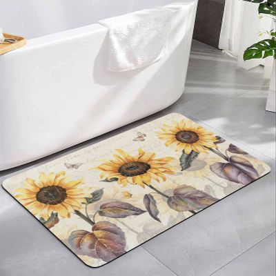 Elegant Sunflower Bath Mat for Tub,Non Slip Bathroom Floor Runner Rug Quick Dry & Absorbent Diatomaceous Earth Kitchen Room Shower Sink Washable Doormat,Rustic Chic Bee Butter-fly Newspaper 24"x36"