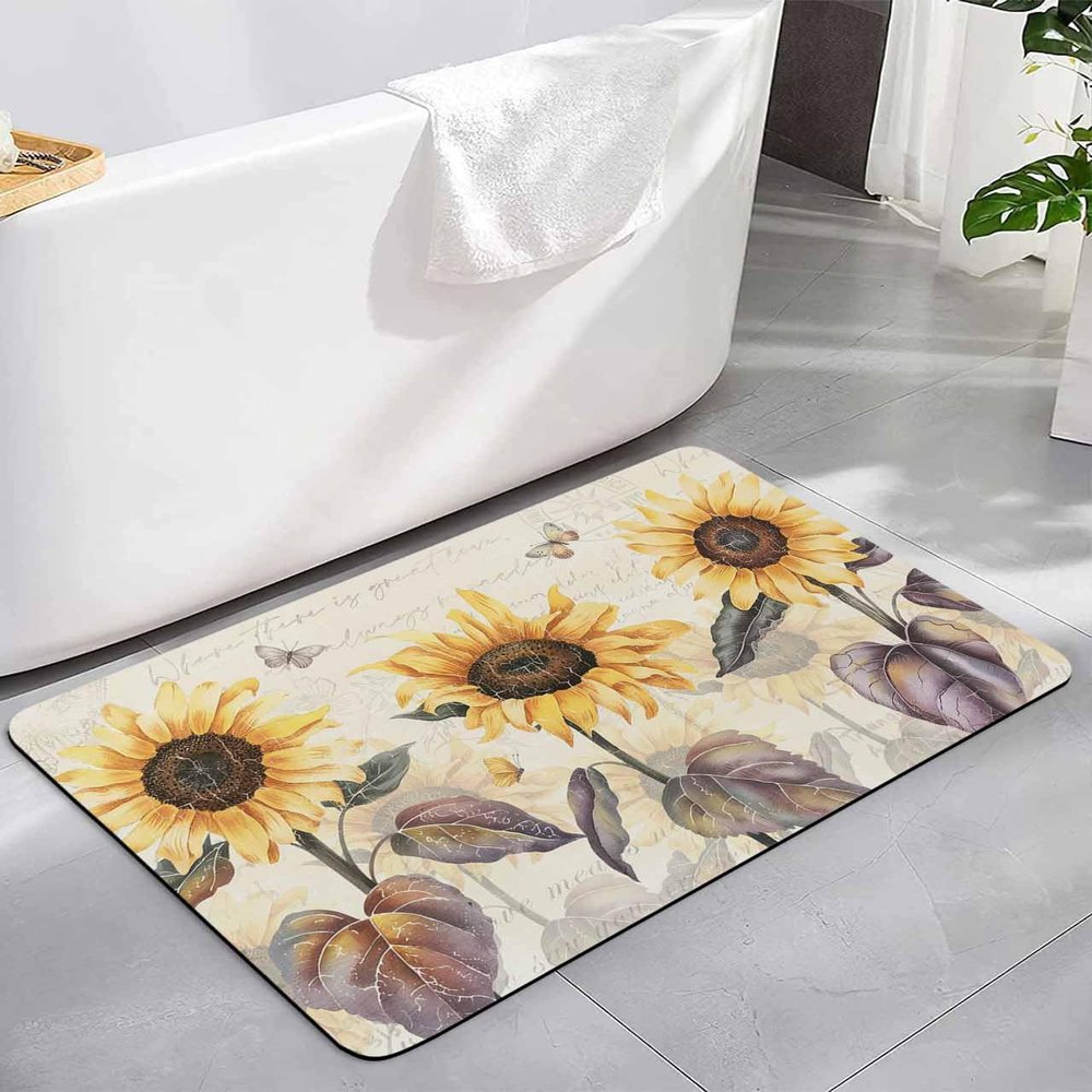 Elegant Sunflower Bath Mat for Tub,Non Slip Bathroom Floor Runner Rug Quick Dry & Absorbent Diatomaceous Earth Kitchen Room Shower Sink Washable Doormat,Rustic Chic Bee Butter-fly Newspaper 24"x36"