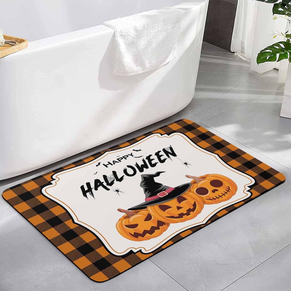 Diatomaceous Earth Bath Rug Bathtub Mat, Happy Halloween Pumpkin Bat Orange Black Buffalo Plaid Quick Dry Non-Slip Diatomite Mud Bathroom Floor Rugs for Bath Tub Kitchen Absorbent Pad, 16x24 Inch