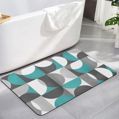 Abstract Aqua Bath Mat for Tub,Non Slip Bathroom Floor Runner Rug Quick Dry & Absorbent Diatomaceous Earth Shower Sink Bedroom Kitchen Living Room Washable Doormat,Modern Grey White Geometric 24"x36"