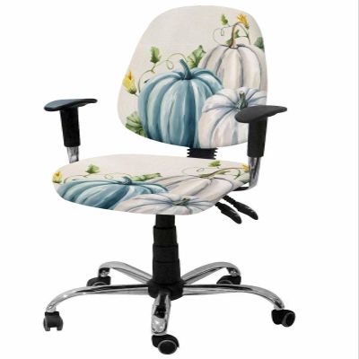 Thanksgiving Office Chair Cover Stretchable Computer Chair Seat Cover Backrest Slipcovers, Fall Teal Beige Pumpkin Eucalyptus Leaves Stretchable Rotating Desk Chair Seat Cushion Split Protectors