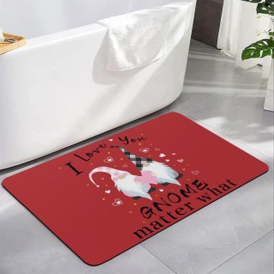 Diatomaceous Earth Bath Rug Bathtub Mat, I Love You Gnome Matter What Valentine's Day Celebration Red Quick Dry Non-Slip Diatomite Mud Bathroom Floor Rugs for Tub Kitchen Absorbent Pad, 16x24 Inch