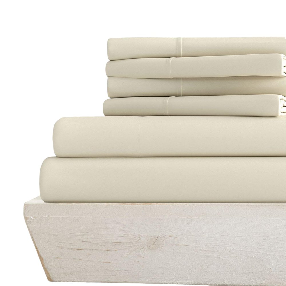 6-PC Giza Sheet Set - 1000-Thread-Count 100% Giza Egyptian Cotton - 1 Fitted, 1 Flat, 4 Pillowcases Soft Long Staple Cotton 1000TC, Fit Upto 15" Deep Pockets - Short Queen, Ivory