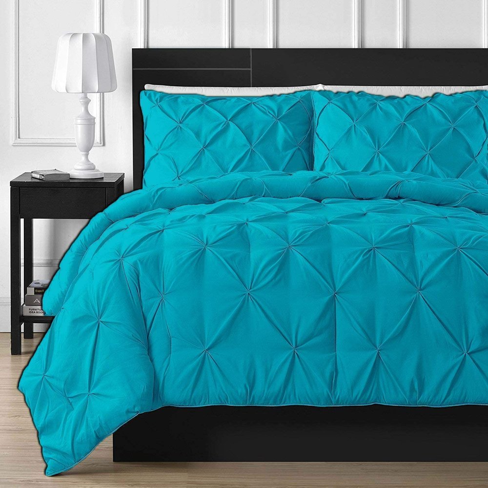 AnexLinen 5 PCS Pinch Pleated Comforter Set-Extra Long Quilted for Palatial King (116x98) Size | Turquoise Pin Tuck Duvet Insert with Corner Tabs Fill 500 GSM 100% Egyptian Cotton Quilt Set