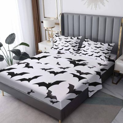 GEDAEUBA Bat Sheets Twin XL Size - Halloween Bed Sheets for Kids Boys Girls, Black and White Sheet Set, Soft Microfiber & Deep Pocket & Wrinkle Free Fitted Sheet, Flat Sheet and Pillow Case