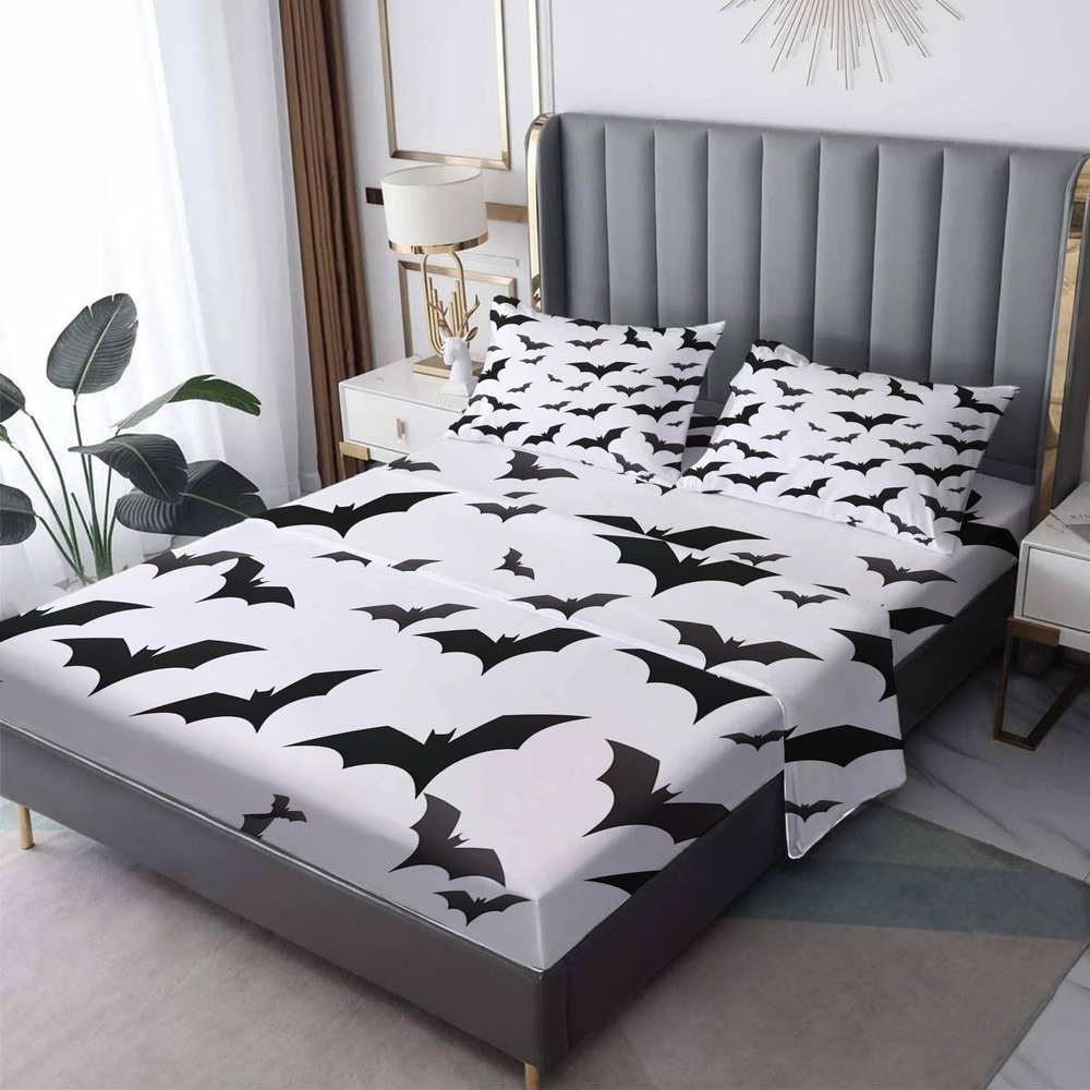 GEDAEUBA Bat Sheets Twin XL Size - Halloween Bed Sheets for Kids Boys Girls, Black and White Sheet Set, Soft Microfiber & Deep Pocket & Wrinkle Free Fitted Sheet, Flat Sheet and Pillow Case