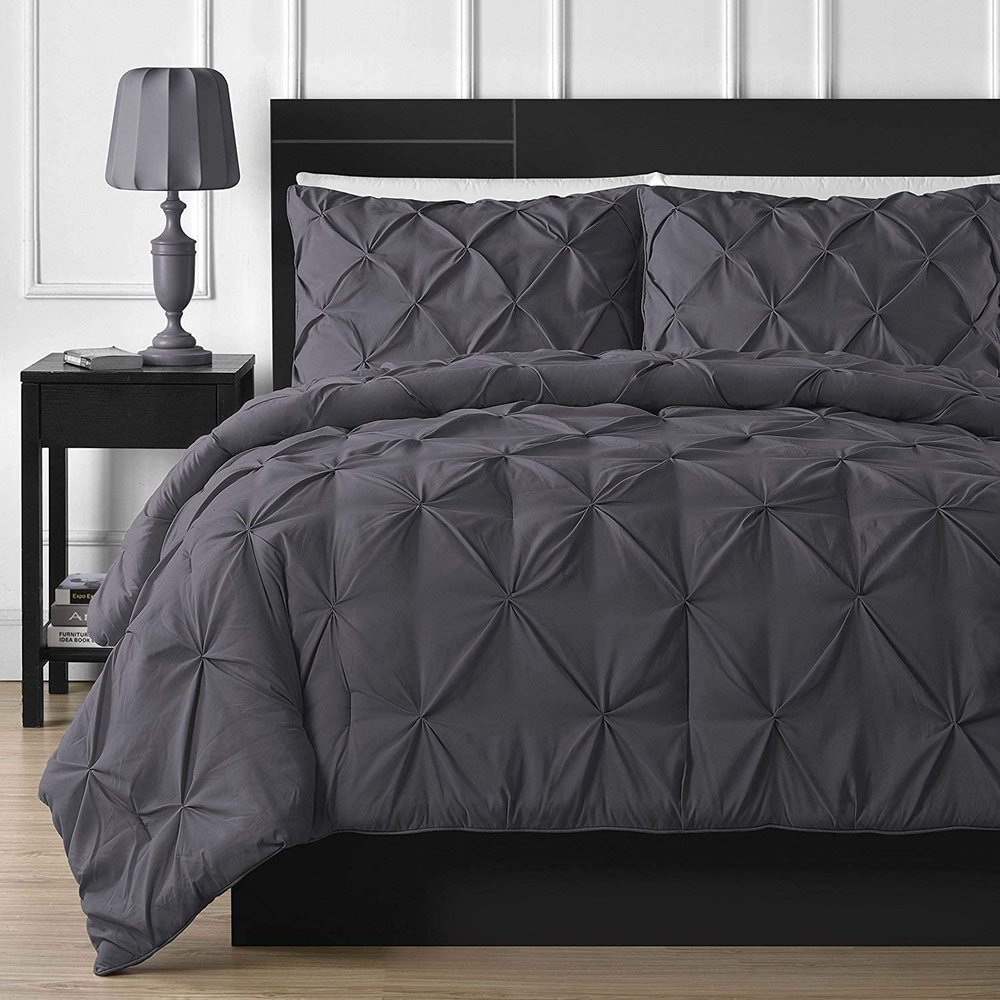 AnexLinen 5 PCS Pinch Pleated Comforter Set-Extra Long Quilted for Palatial King (116x98) Size | Grey Pin Tuck Duvet Insert with Corner Tabs Fill 500 GSM 100% Egyptian Cotton Quilt Set
