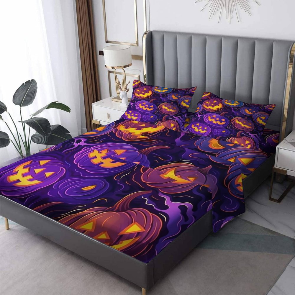 GEDAEUBA Halloween Sheets Twin XL Size - Pumpkin Bed Sheets for Kids Boys Girls, Spooky Sheet Set, Soft Microfiber & Deep Pocket & Wrinkle Free Fitted Sheet, Flat Sheet and Pillow Case