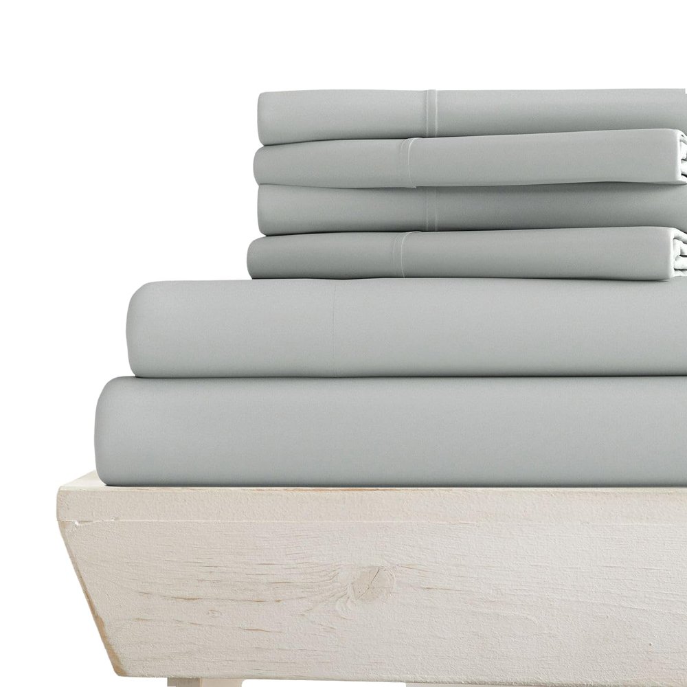6-PC Giza Sheet Set - 1000-Thread-Count 100% Giza Egyptian Cotton - 1 Fitted, 1 Flat, 4 Pillowcases Soft Long Staple Cotton 1000TC, Fit Upto 28" Deep Pockets - Short King, Light Grey