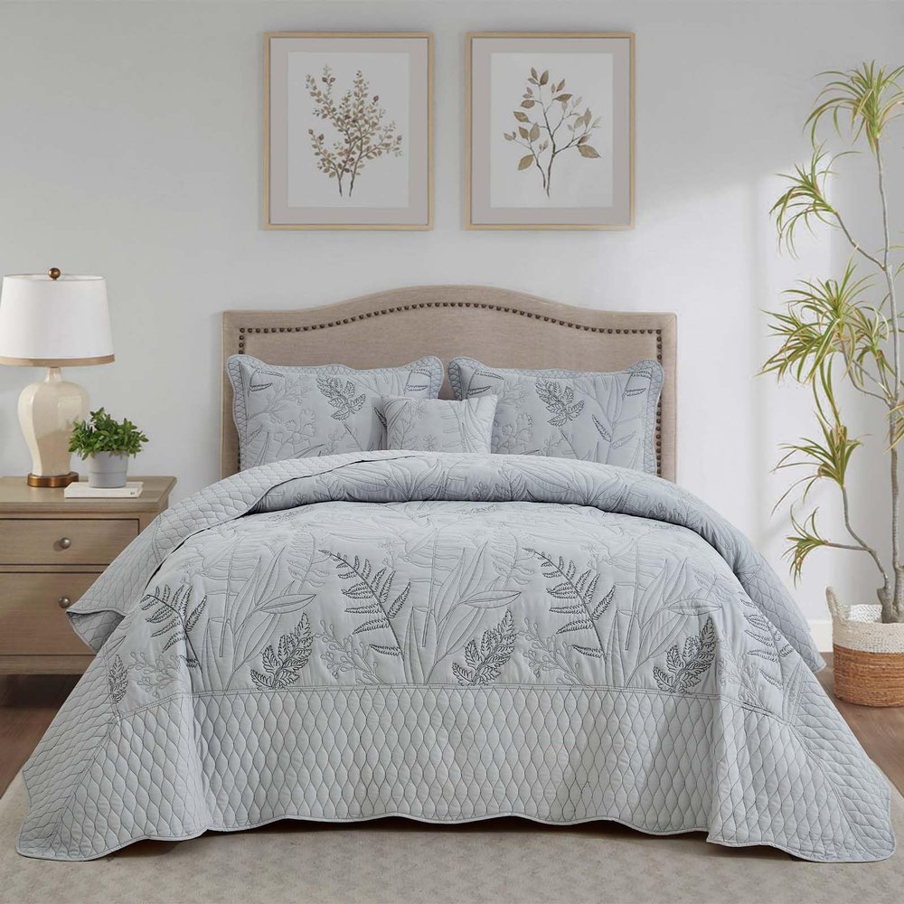 DaisyHuang Full Size Bedspread Set, 5PCE Reversible Quilt Set 96x110 Grey