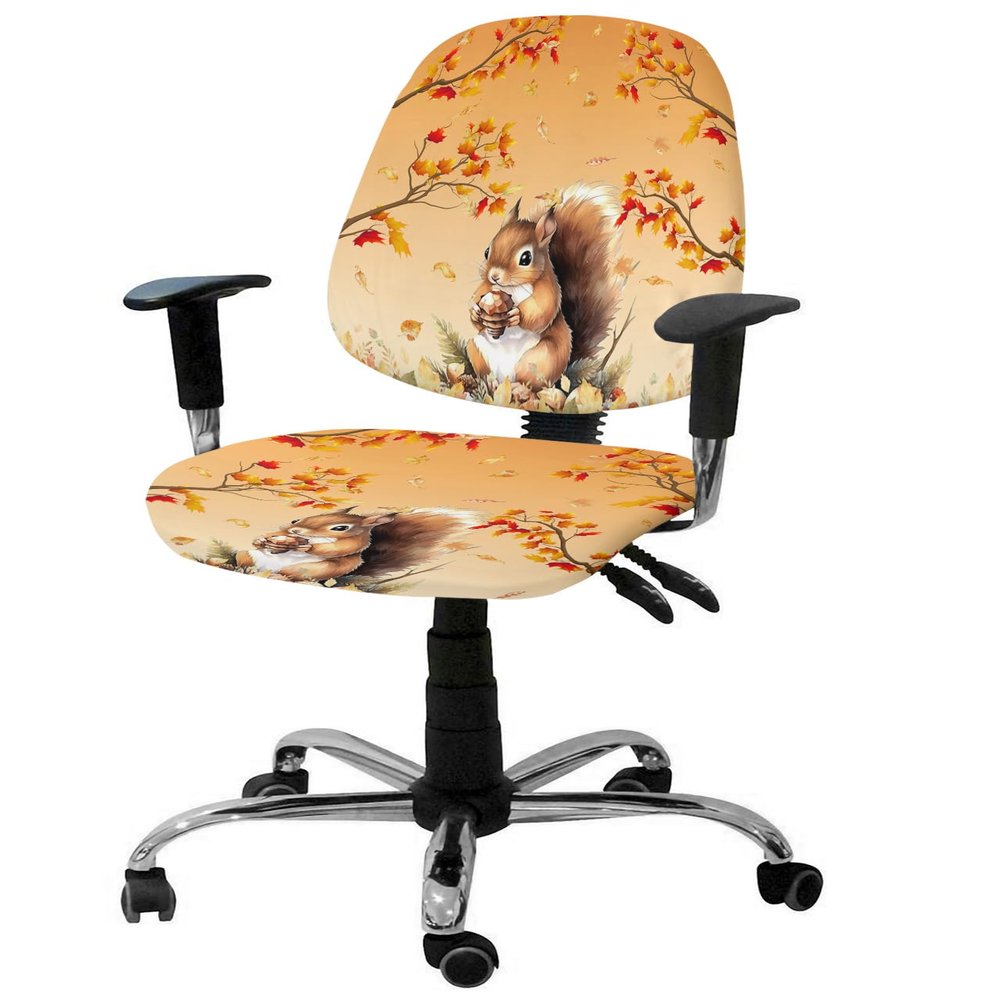 Autumn Squirrel Office Chair Covers, 2 Piece Set-Fall Maple Leaf Branch Stretch Elastic Computer Desk Chair Back Cover&Protective Stretchable Rotating Cushion Slipcover Thanksgiving Day Plant