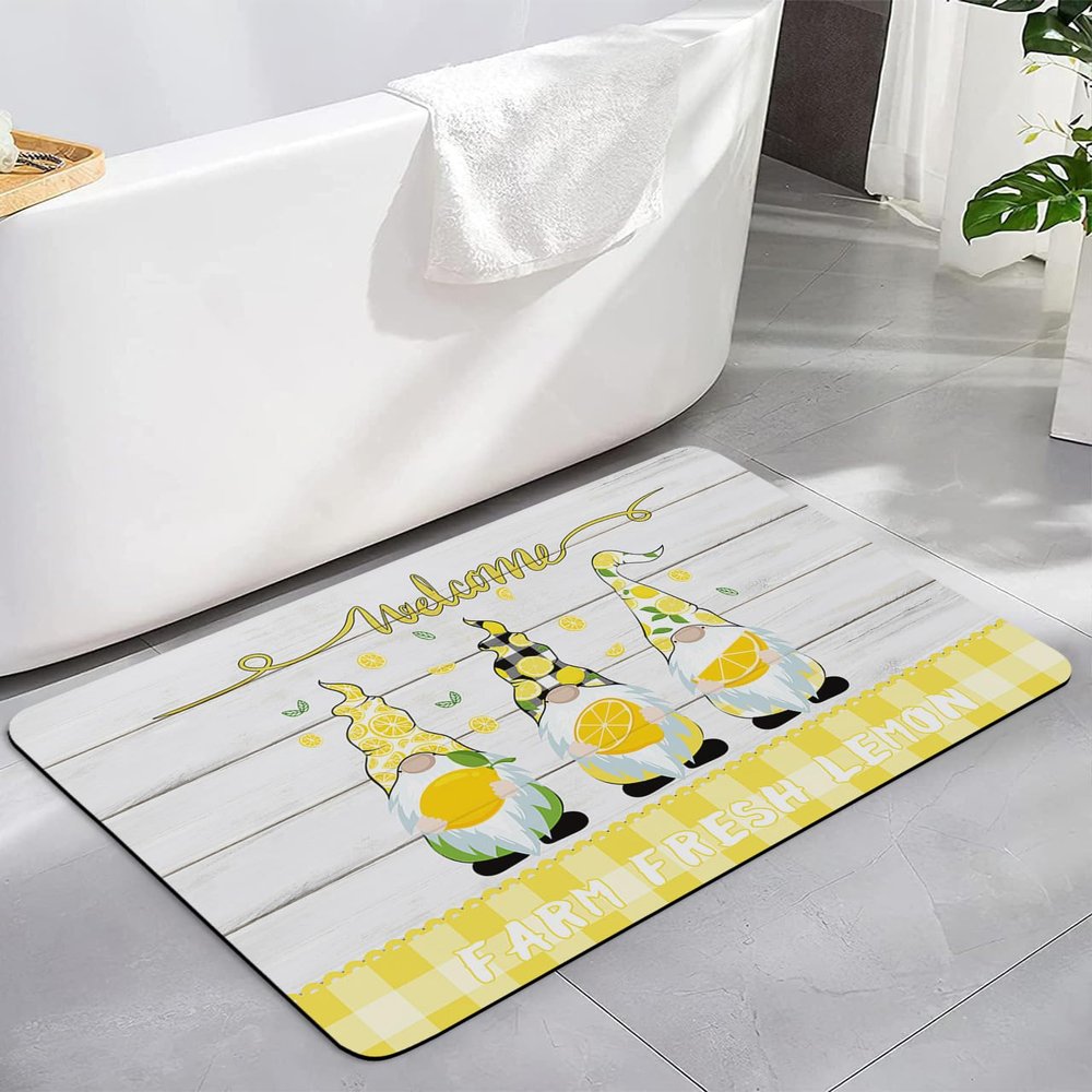 Bath Mat Rug 16x24, Gnome with Lemon Rustic Yellow Checked Wood Grain Soft Non-Slip Rubber Suede Bath Mats, Quick Dry Super Absorbent Washable Bathroom Rug Mat for Bathtub, Shower and Sink