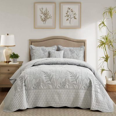 DaisyHuang Botanical Oversized Bedspread King Size - Leaves Pattern Stitching Quilt Set - Elegant & Fresh Style Bedding Coverlets, Reversible, Lightweight, 5 Piece, Grey