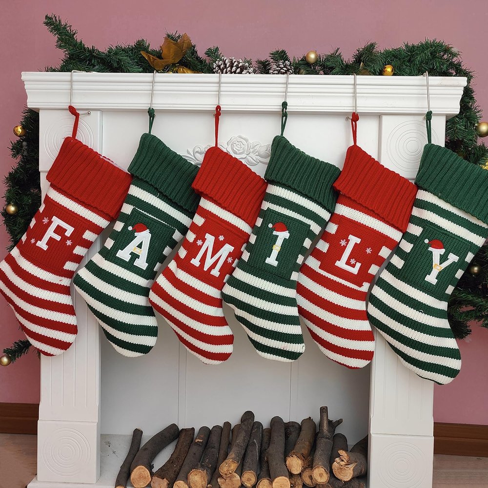 Christmas Stocking Knit Initial Christmas Stockings for Family Farmhouse Monogram Letter Christmas Stockings Christmas Decorations Gift Stocking Personalized Stocking Embroidered Letter T