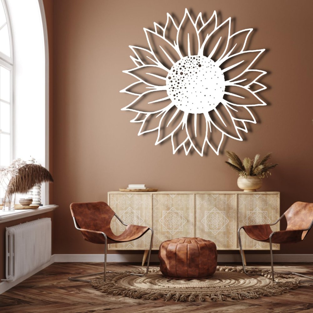 3D Sunflower Wall Art, Flowers Home Decor - Metal Wall Art (23.6"Wx23.6"H/ 60x60 cm, White) - Housewarming Gift