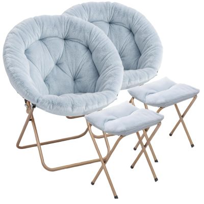 Magshion Folding Saucer Chair for Adults with Ottoman, Circle Reading Chair for Bedroom, Living Room & Dorm, Furry Comfy Accent Seat with Metal Leg & Thick Padded for Small Spaces (Blue, 2 Pack)