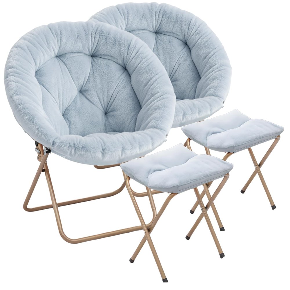 Magshion Folding Saucer Chair for Adults with Ottoman, Circle Reading Chair for Bedroom, Living Room & Dorm, Furry Comfy Accent Seat with Metal Leg & Thick Padded for Small Spaces (Blue, 2 Pack)