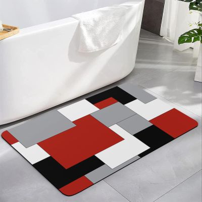 Bath Mat Rug 20x32, Abstract Art Patchwork Red Black and Grey Soft Non-Slip Rubber Suede Bath Mats, Quick Dry Super Absorbent Washable Bathroom Rug Mat for Bathtub, Shower and Sink