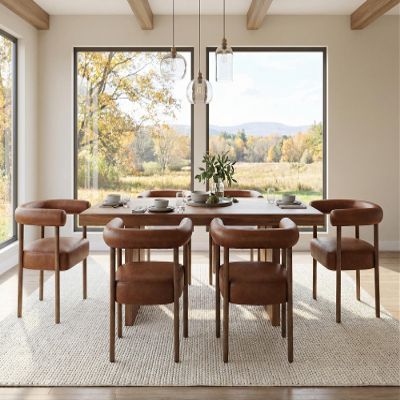 RIVOVA PU Leather Dining Chairs Set of 6, Modern Upholstered Dining Chairs, Curved Backrest Kitchen Dining Room Chairs Accent Chairs Arm Chairs with Natural Wood Legs, Brown