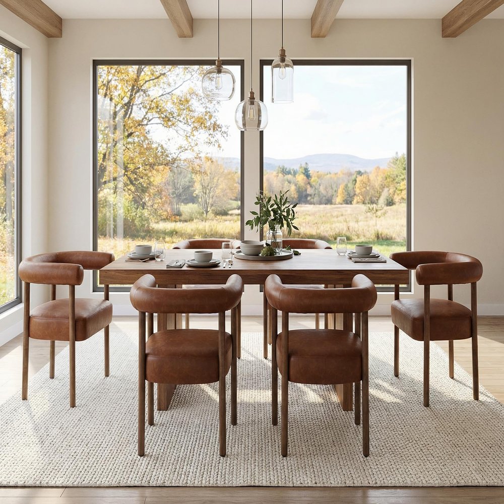 RIVOVA PU Leather Dining Chairs Set of 6, Modern Upholstered Dining Chairs, Curved Backrest Kitchen Dining Room Chairs Accent Chairs Arm Chairs with Natural Wood Legs, Brown