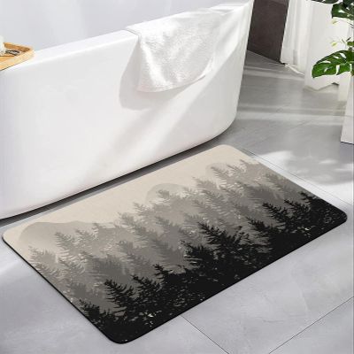 Bath Mat Rug 16x24, Fall Forest Silhouette Black Geay Art Oil Painting Linen Soft Non-Slip Rubber Suede Bath Mats, Quick Dry Super Absorbent Washable Bathroom Rug Mat for Bathtub, Shower and Sink
