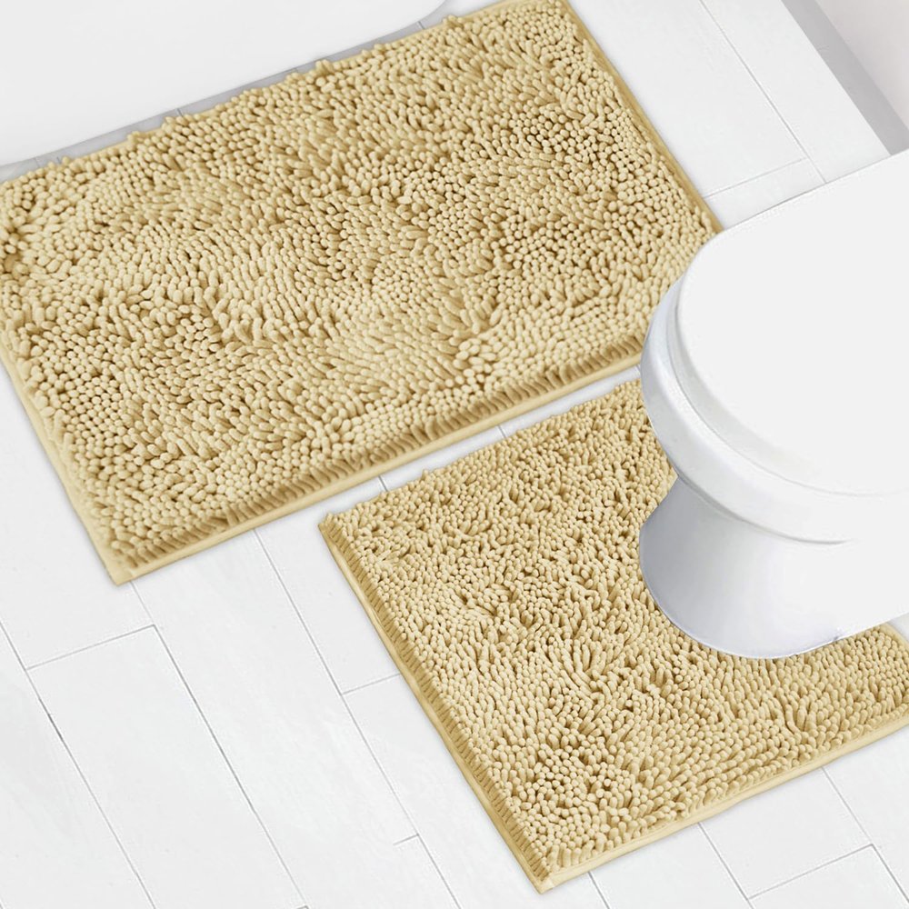 AINAHYVA Bathroom Rugs Chenille Bath mat 2 Piece Set, Super Absorbent, Strong PVC Non Slip Backing, Bath mats for Bathroom, Plush Shaggy, Thick, Machine Washable, Bathtub, Shower, Toilet.(Beige)
