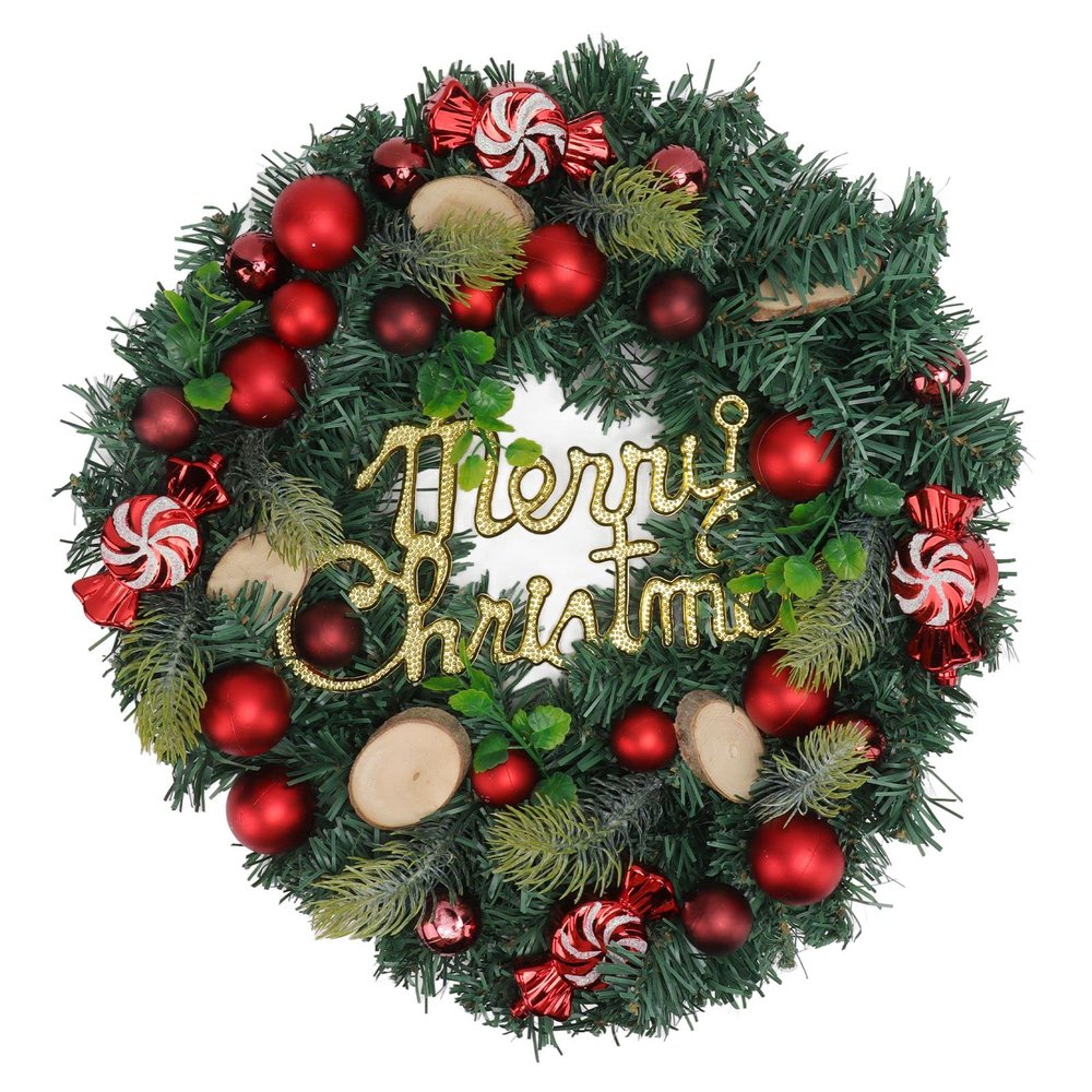 belupai Artificial Christmas Teardrop Swag, Pine Needle Red Candy Christmas Garland Winter Upside Down Wreath Holiday Swag with Balls for Indoor Outdoor Wall Door Hanging Decor