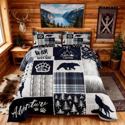 Deer Bear Kids Comforter Set Queen Size,Wolf Hunting Adventure Rustic Bedding Set for Boys Girls Adults Room Decor,Geometric Plaids Patchwork Down Comforter,Blue Xmas Duvet Insert,2 Pillowcases