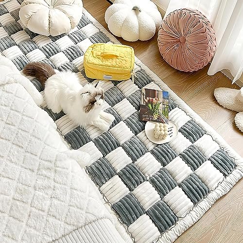 Yoovat Funny Pet Couch Covers for Sofa Plush Checker Plaid Sofa Covers for Pets Washable 3 Cushion Couch Sofa Mat Friendly (Cream Blue, 60x160 cm/23.6x63 in)