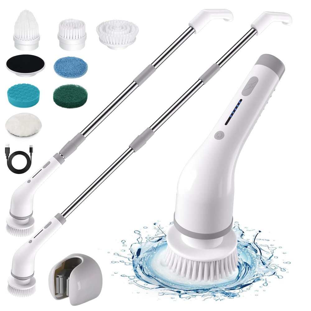 H3EXPERTS Electric Spin Scrubber 8-in-1 with MOP Clip - Adjustable Extension Arm & 8 Replaceable Brushes - Cordless Cleaning Power Shower Grout Scrubber for Kitchen, Bathroom, Tub, Tile, Floor