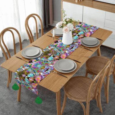 Colored Flower Linen Table Runner with Tassel Decor Charming Table Runner for Farmhouse,Christmas,Wedding