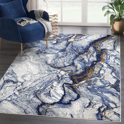 Abani Regal Collection Area Rug - Blue/Grey Marble Design - 6' x 9' - Easy to Clean - Durable for Kids and Pets - Washable - Medium Pile - Soft Feel - for Living Room, Bedroom & Office