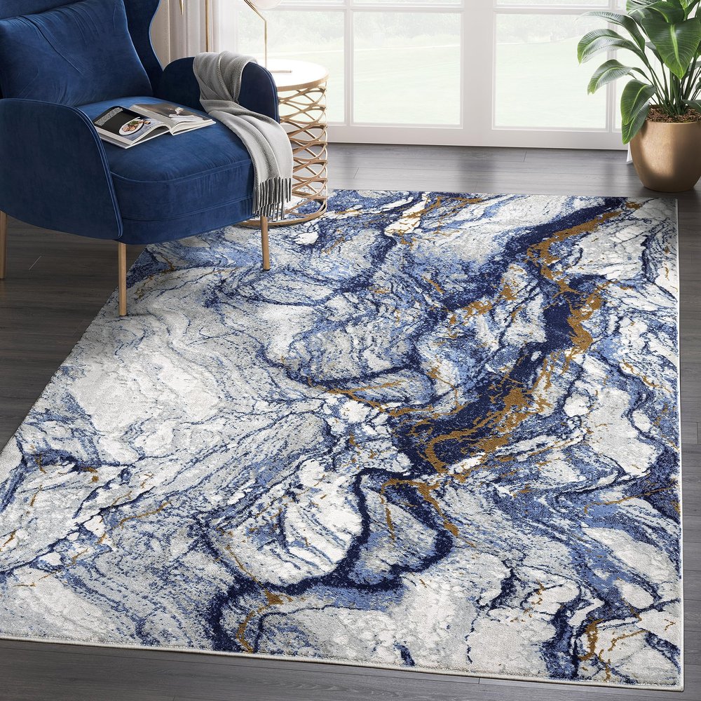Abani Regal Collection Area Rug - Blue/Grey Marble Design - 6' x 9' - Easy to Clean - Durable for Kids and Pets - Washable - Medium Pile - Soft Feel - for Living Room, Bedroom & Office