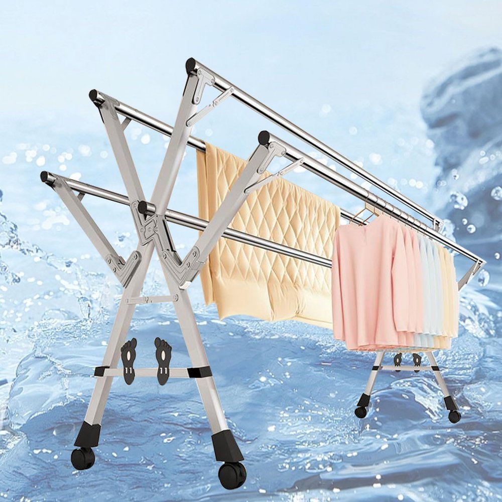 ATYUJKB Laundry Room Clothes Drying Rack, Laundry Drying Rack Collapsible, Laundry Stand Organizer, 5 Rod Drying Rack Stainless Steel with Wheels, Space Saving (200cm/79in)