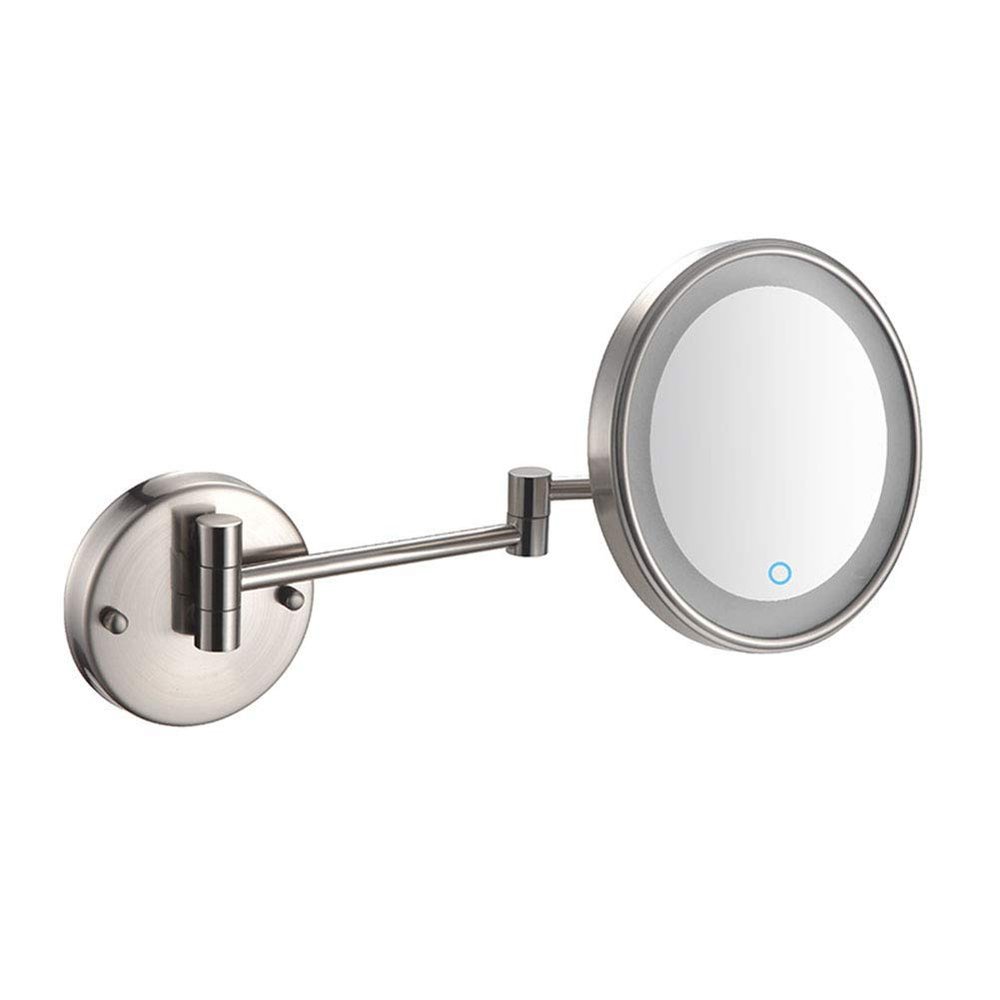 Yu Ru Wall Mirror for Bathroom, 8-Inch Wall Mounted Makeup Mirror, Magnifying Wall Bathroom Mirror with LED Lights, 360 Degree Swivel, Extendable Arm, Round, Plug Operated