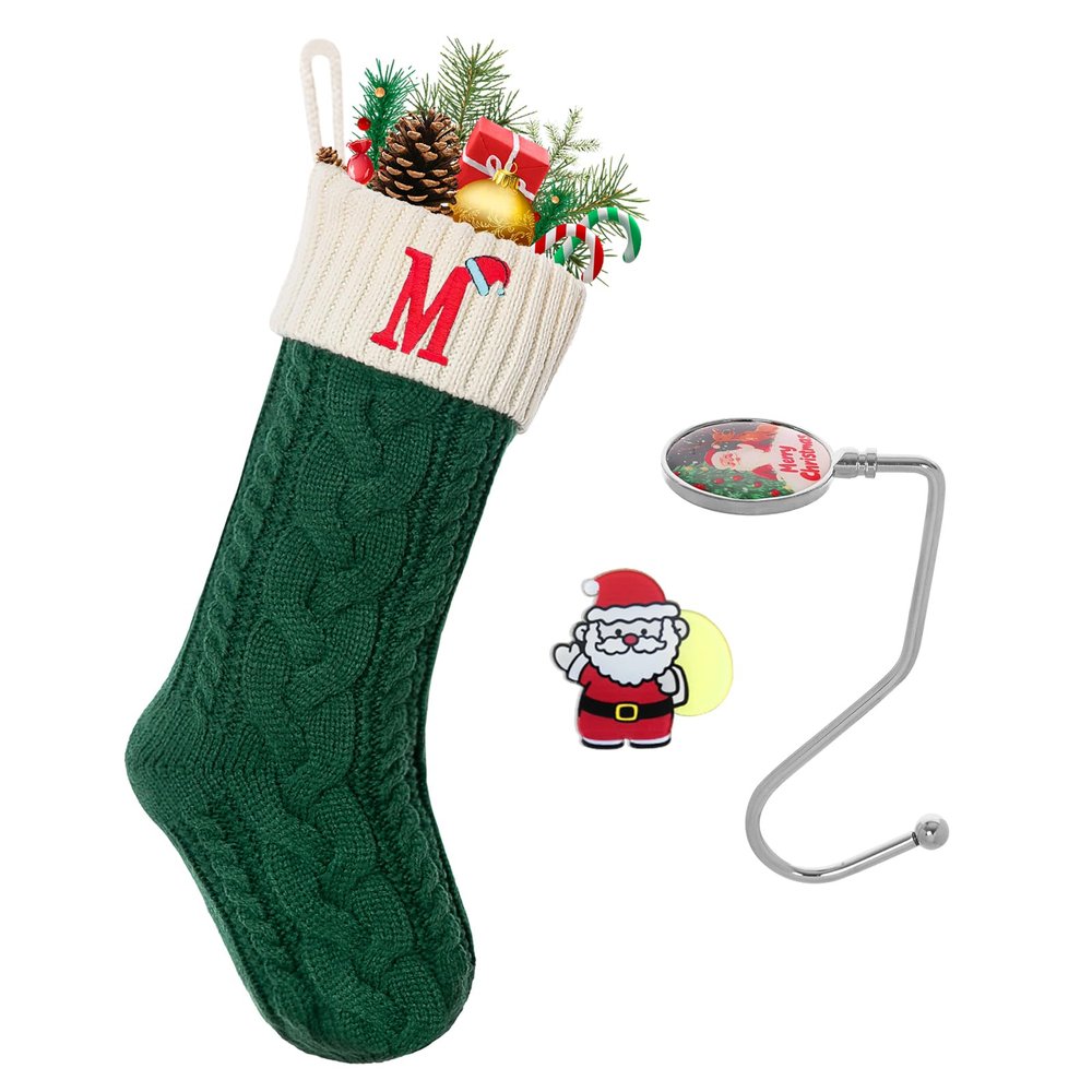 Christmas Stockings with Initials, Personalized Embroidered Monogram 18 Inches Knitted Christmas Stockings Fireplace Xmas Stockings for Kids,Family Holiday Party Decoration Green and White Letter M