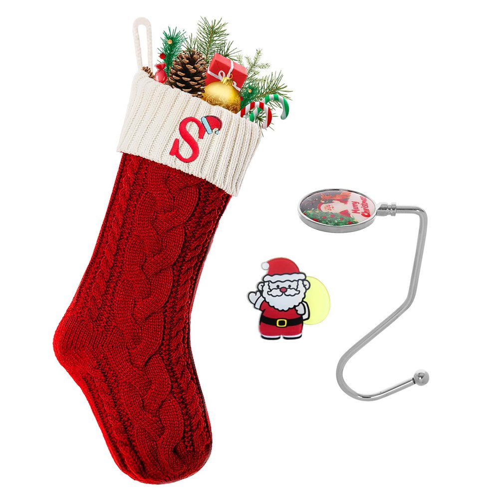 Christmas Stockings with Initials, Personalized Embroidered Monogram 18 Inches Knitted Christmas Stockings Fireplace Xmas Stockings for Kids,Family Holiday Party Decoration Red and White Letter S
